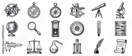 Various vintage scientific instruments and tools are depicted in a detailed black and white engraving style, showcasing historical measurement and exploration devices