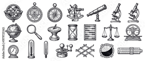 Collection of vintage scientific instruments and measurement tools, rendered in a detailed engraving style, showcasing historical technology