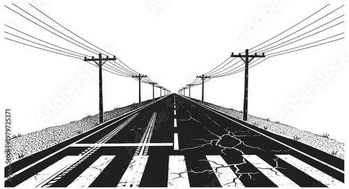 Long empty asphalt road with power lines and crosswalk.