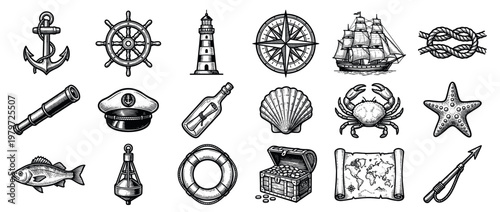 Collection of vintage nautical and marine themed illustrations in a detailed black and white etching style, featuring various sea objects