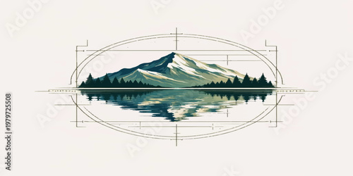 Artistic vector illustration of a boat on a calm lake with a city skyline and industrial bridge featuring construction cranes under a clear sky landscape