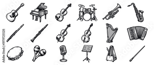 Various hand-drawn musical instruments and accessories are arranged in a grid, showcasing a vintage engraving style with detailed black lines