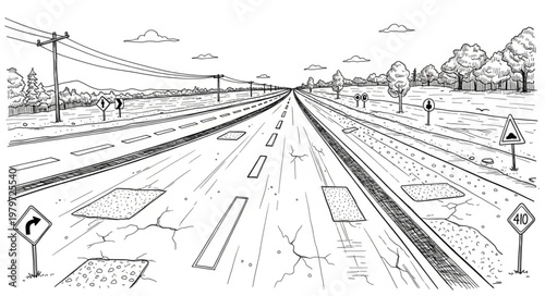 Long straight highway stretching into the distance with trees and power lines.