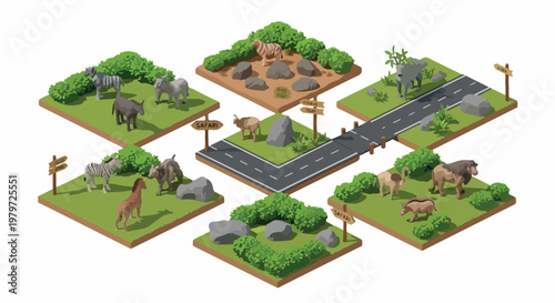 Isometric safari park zoo collection, wild animals in nature habitat tiles, 3D vector wildlife landscape elements with lion, elephant and zebra