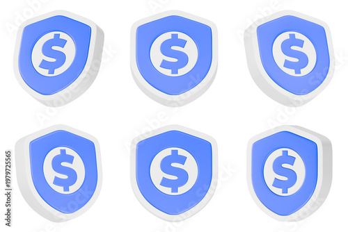 dollar shield icon 3d render blue color