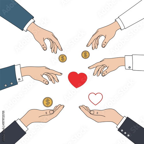 Hands reaching for coins and a heart