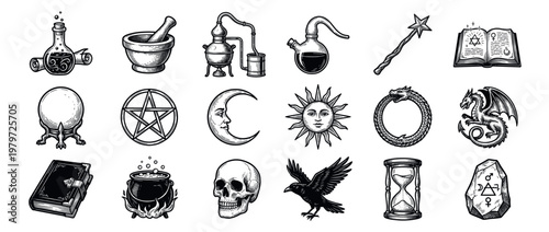 Various hand-drawn alchemy and magic symbols, including a crystal ball, pentagram, crescent moon, sun, dragon, and skull, in a vintage engraving style