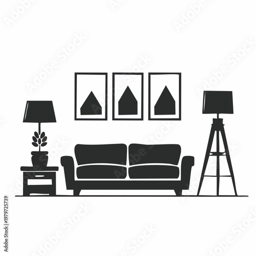 Modern Living Room Sofa and Lamps Interior Design Silhouette Illustration