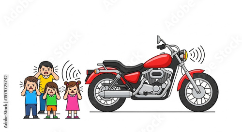 Loud motorcycle disturbing children covering ears noise pollution concept.