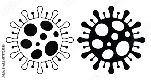 Two stylized virus one outlined and one solid black and white
