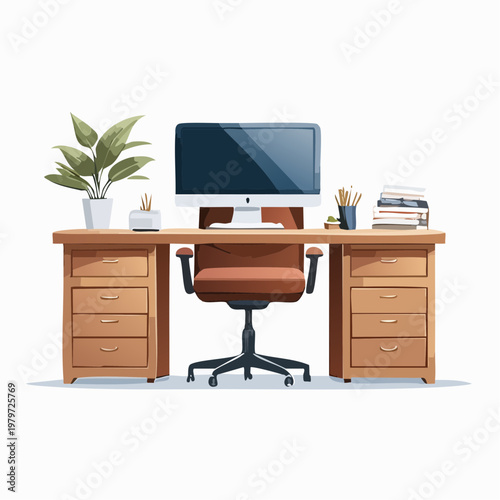 Modern home office desk with computer, chair, and plants, perfect for remote work