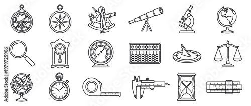 Collection of various scientific and measurement instruments depicted as simple black outline icons, showcasing tools for exploration and calculation