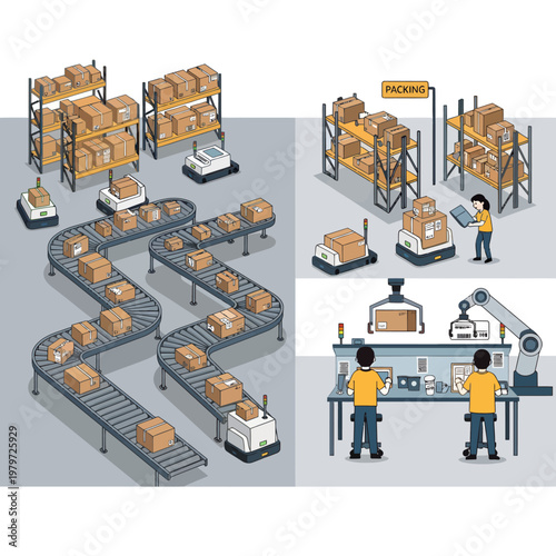 Warehouse workers packing shipping boxes.