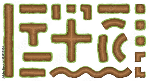 Top-down dirt path tileset for game design, 2D pixel art brown soil road elements with green grass borders, modular nature map constructor vector