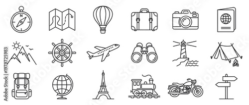 Collection of travel and adventure outline icons, including a compass, map, hot air balloon, suitcase, camera, and passport