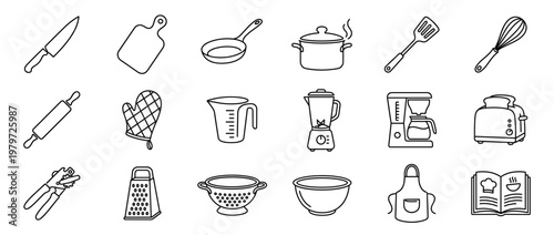 Collection of various kitchen utensils and appliances depicted as simple black outline icons on a clean white surface