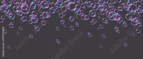 Vector frame realistic purple soap bubble with reflection isolated on transparent background. Flying holographic png glass bubbles.