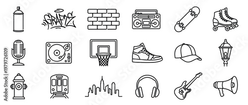 Collection of black outline icons representing urban culture elements like a spray can, graffiti, and a boombox, on a clean white surface