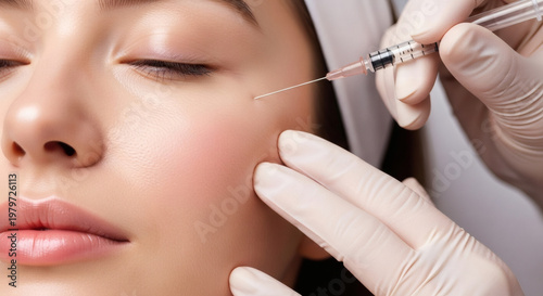 A woman receiving a facial injection from a medical professional in a clinical setting.