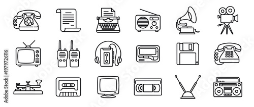 Collection of various old technology and communication devices, depicted as simple black outline icons on a clean white surface