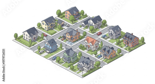 Isometric View of a Suburban Neighborhood with Houses and Streets.