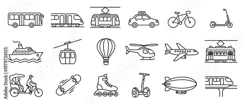 Comprehensive collection of various transportation mode line icons, including land, air, and sea vehicles, presented in a clean, minimalist style