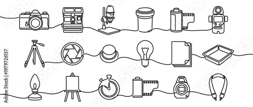 Various photography and darkroom equipment are connected by a single continuous line drawing, creating a minimalist and artistic illustration