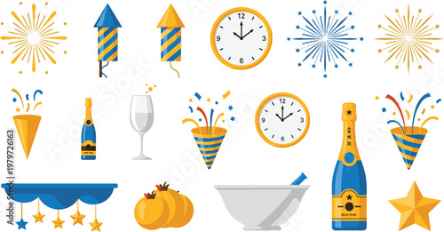 Professional New Year Celebration Vector Set Featuring Diverse Fireworks Champagne Bottles Clocks and Party Poppers Isolated on White Background for Event Designs