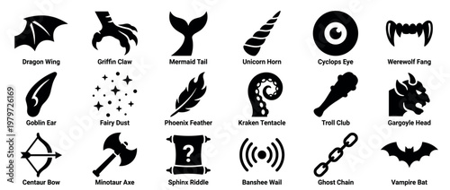 Various black silhouette fantasy creature body parts and magical items are neatly arranged in a grid pattern