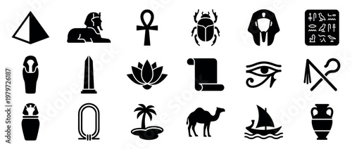 Various black silhouette Egyptian culture icons are neatly arranged in a grid pattern, showcasing ancient symbols and artifacts