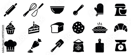 Comprehensive collection of black baking and cooking icons, including various kitchen tools and delicious baked goods, presented as a clean graphic