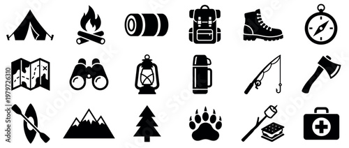 Comprehensive collection of black camping and outdoor adventure icons, including a tent, campfire, backpack, and compass, arranged neatly