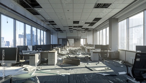 Abandoned corporate office interior after disaster or bankruptcy with broken furniture and ceiling debris in a modern city high rise room