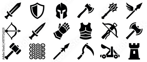 Collection of black medieval weapons and armor icons, including swords, shields, helmets, axes, and bows, arranged neatly