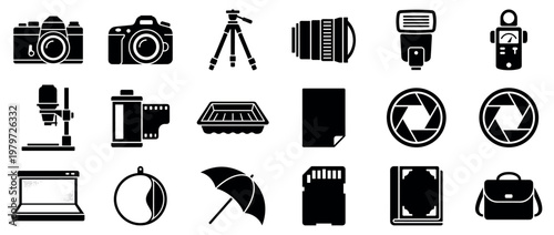 Comprehensive collection of black photography equipment icons, including cameras, lenses, and accessories, presented in a clean, graphic style