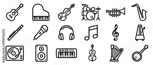 Comprehensive collection of various musical instruments and symbols depicted as simple black line icons