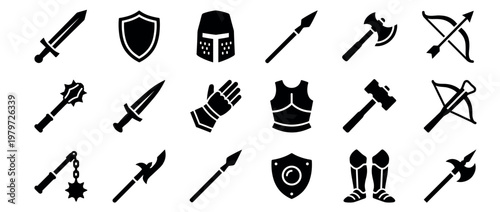 Collection of medieval weapons and armor icons, including swords, shields, helmets, and bows, presented in a clean, graphic style