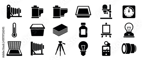 Collection of black silhouette icons representing various photography and darkroom equipment, presented in a clean, graphic style