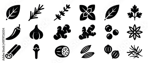 Collection of various black silhouette spice and herb icons, including basil, rosemary, thyme, ginger, and chili