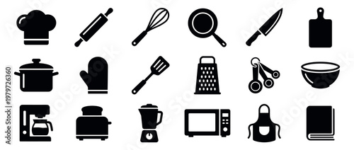 Comprehensive collection of black silhouette kitchen utensils and cooking appliances, neatly arranged in a grid pattern