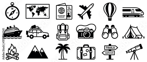 Comprehensive collection of black and white travel and adventure icons, including transportation, navigation, and outdoor activity symbols