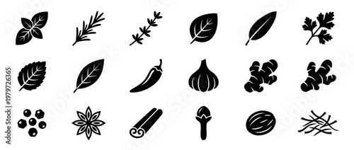 Collection of various black silhouette herbs and spices icons, including basil, rosemary, thyme, and ginger, presented in a clean, graphic style