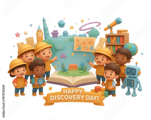 A group of happy children and smiling kids with school supplies enjoy fun childhood education in this colorful cartoon vector illustration banner of boys and girls playing