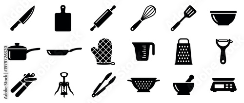 Comprehensive collection of various essential kitchen utensils and cooking tools presented as clear black silhouettes