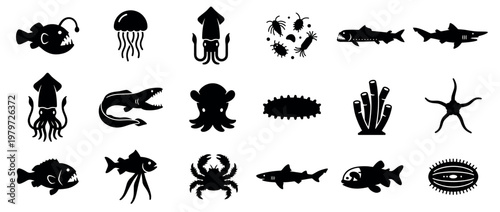 Collection of various black silhouette deep sea creatures and marine life icons, depicted with a simple, graphic style