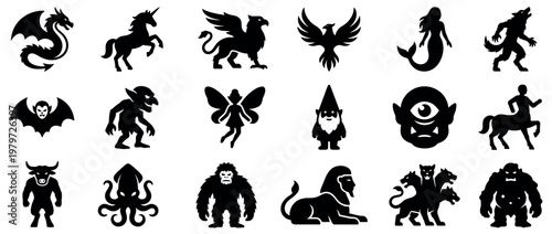Various mythical creatures and fantasy monsters are depicted as black silhouettes on a clean white surface, showcasing diverse legendary beings