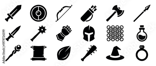 Collection of black silhouette fantasy RPG game icons including weapons, armor, magic items, and accessories, arranged neatly