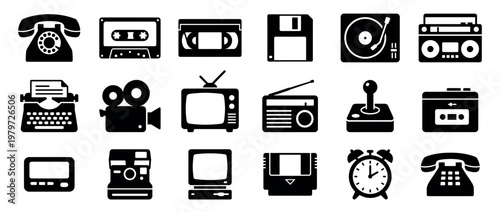 Various black silhouette retro technology icons representing vintage media, communication, and entertainment devices from past decades, arranged neatly