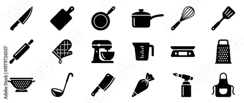 Comprehensive collection of black silhouette kitchen utensils and cooking equipment icons arranged neatly in a grid pattern