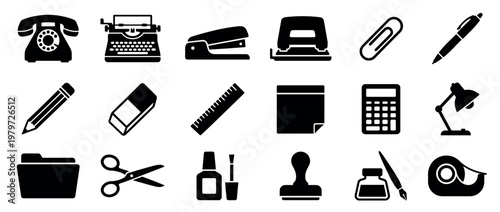 Collection of black office supplies icons including a telephone, typewriter, stapler, and calculator, presented in a clean, graphic style